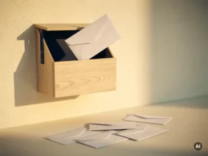 White envelope landing inside a wooden mailbox on a cream wall, surrounded by falling envelopes in warm golden-hour light.