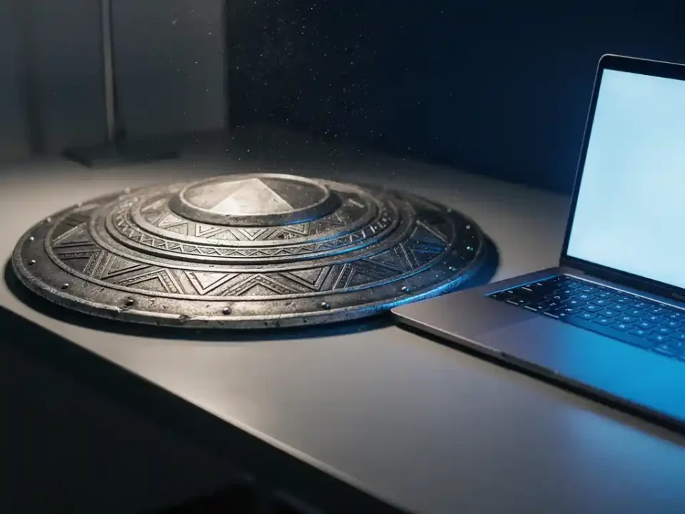 Weathered metal shield with geometric engravings resting beside a glowing laptop in cool blue ambient light.