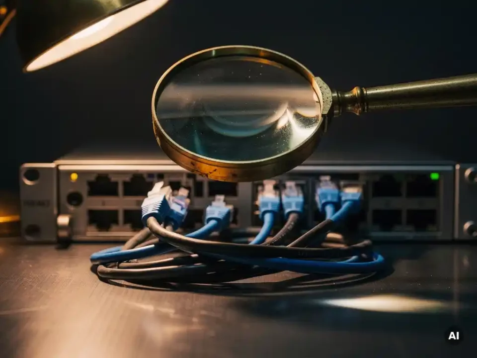 Brass magnifying glass hovering over tangled ethernet cables and server rack ports under warm amber light on a dark steel surface.