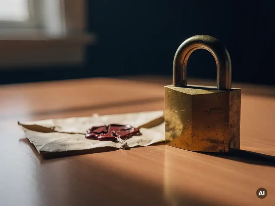 Weathered brass padlock beside a crumpled envelope with a broken wax seal on a wooden desk, dramatic side lighting, muted navy and rust tones.