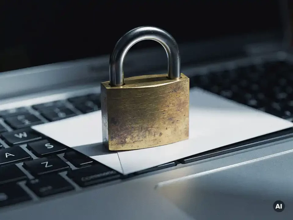 Weathered brass padlock and white envelope on a laptop keyboard, symbolizing email security, with dramatic side lighting.