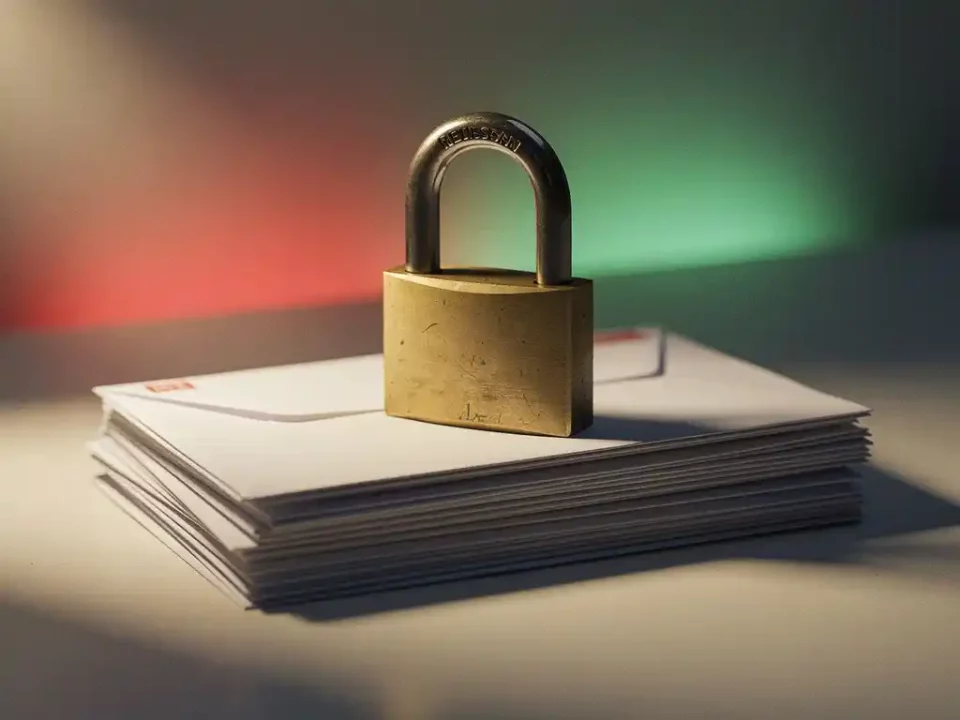 Brass padlock resting on a stack of sealed white envelopes, symbolizing secure email protection, with soft red-to-green ambient lighting.