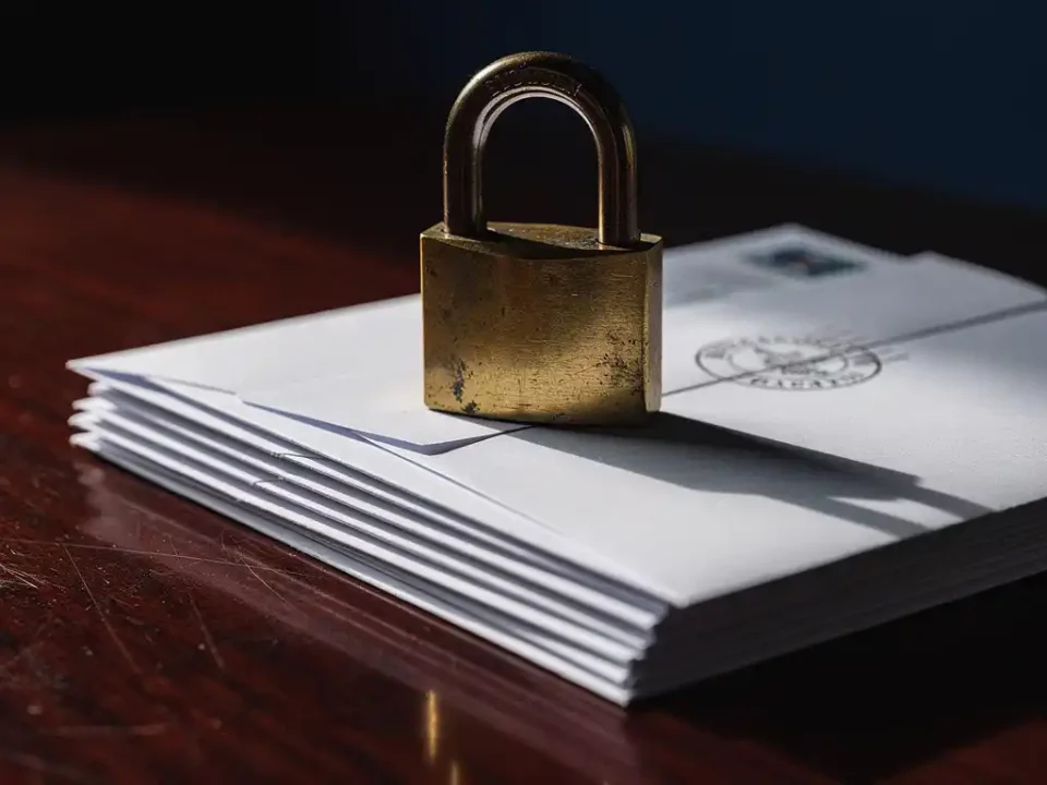 Brass padlock resting on a stack of sealed white envelopes with an official stamp, dramatic side lighting on a dark mahogany desk.