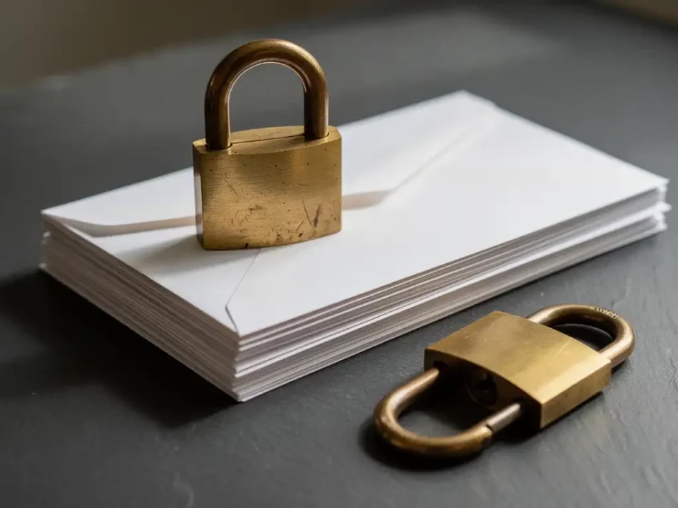 Brass padlock resting on sealed white envelopes beside an open lock on a slate-gray desk, symbolizing email security.