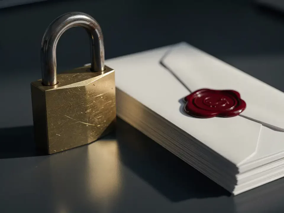 Brass padlock on a dark desk beside sealed white envelopes, one bearing a deep red wax seal, symbolizing security and authentication.
