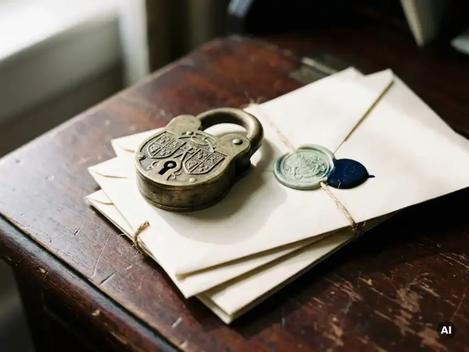 Brass padlock with engraved shield patterns resting on sealed envelopes stamped with green authentication mark on a mahogany desk.
