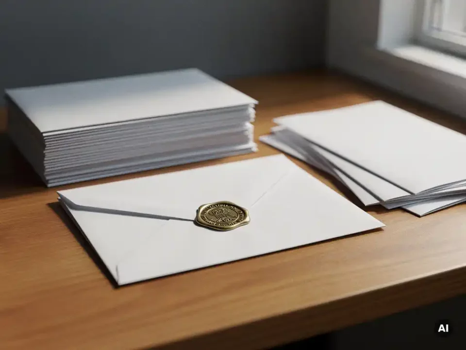 Weathered brass postal seal stamped on a white envelope, surrounded by sorted mail piles on a modern desk with warm amber lighting.