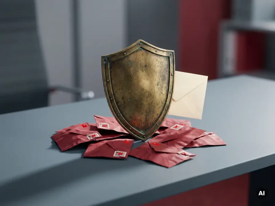 Tarnished brass shield on a modern desk protecting a white envelope from crumpled red-flagged letters, dramatic studio lighting.