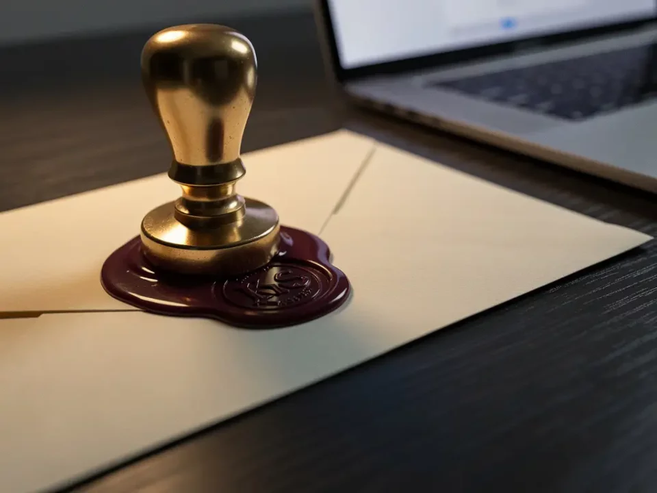 Brass wax seal stamp pressing an authentication mark into burgundy wax on a cream envelope atop a dark desk beside a glowing laptop.