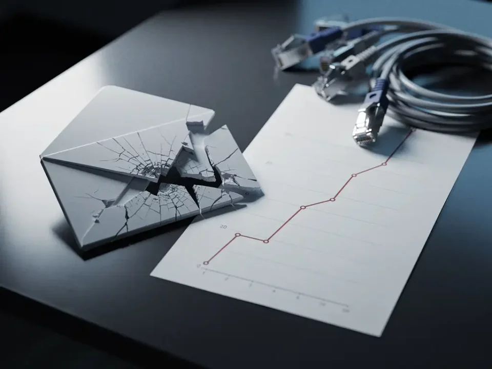Cracked email envelope on a desk beside a declining revenue graph and disconnected server cables, symbolizing email deliverability failure.