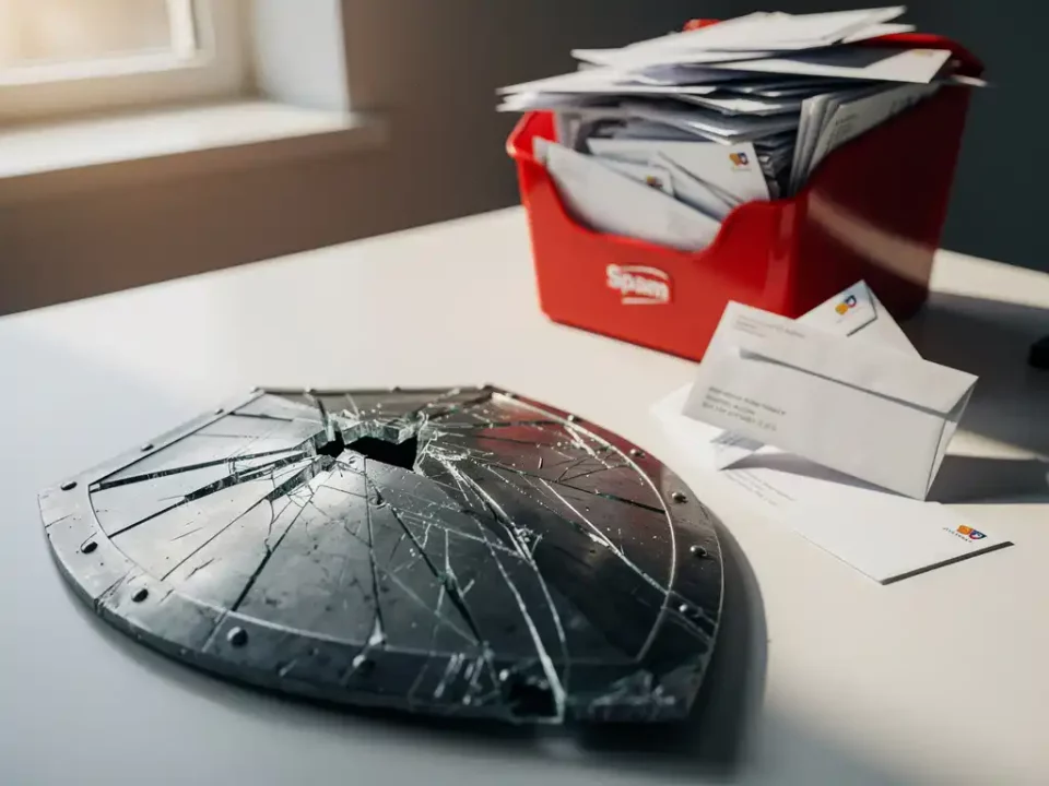 Cracked metal shield on a white desk with legitimate envelopes deflected into an overflowing red spam bin, symbolizing email filtering failures.
