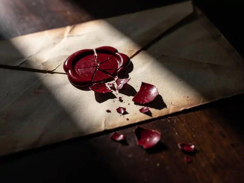 Cracked red wax seal on an official envelope, fragments scattered across a dark mahogany desk under dramatic side lighting.