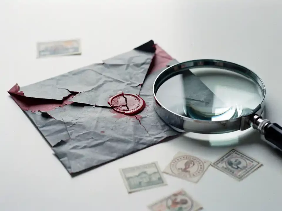 Crumpled torn envelope on white desk with magnifying glass examining a broken red wax seal and scattered authentication stamps.