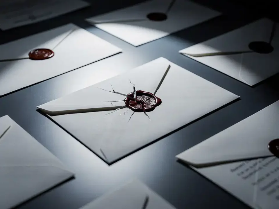 Broken wax seal on a modern desk surrounded by rejection-stamped undelivered letters under dramatic overhead lighting.