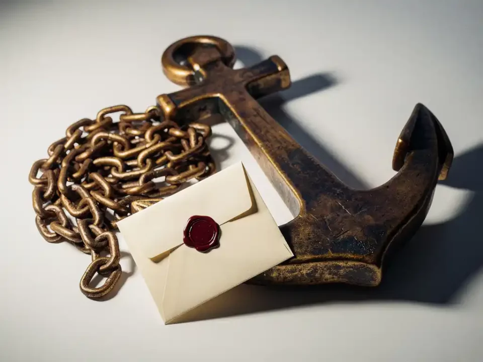 Weathered bronze ship anchor with coiled chain resting on white surface, partially covering a wax-sealed envelope in warm amber light.