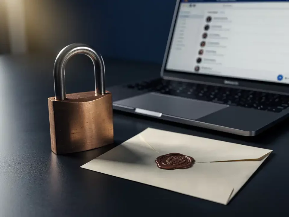 Bronze padlock beside a laptop showing an inbox and sealed wax-stamped envelope, representing email security and domain authentication.