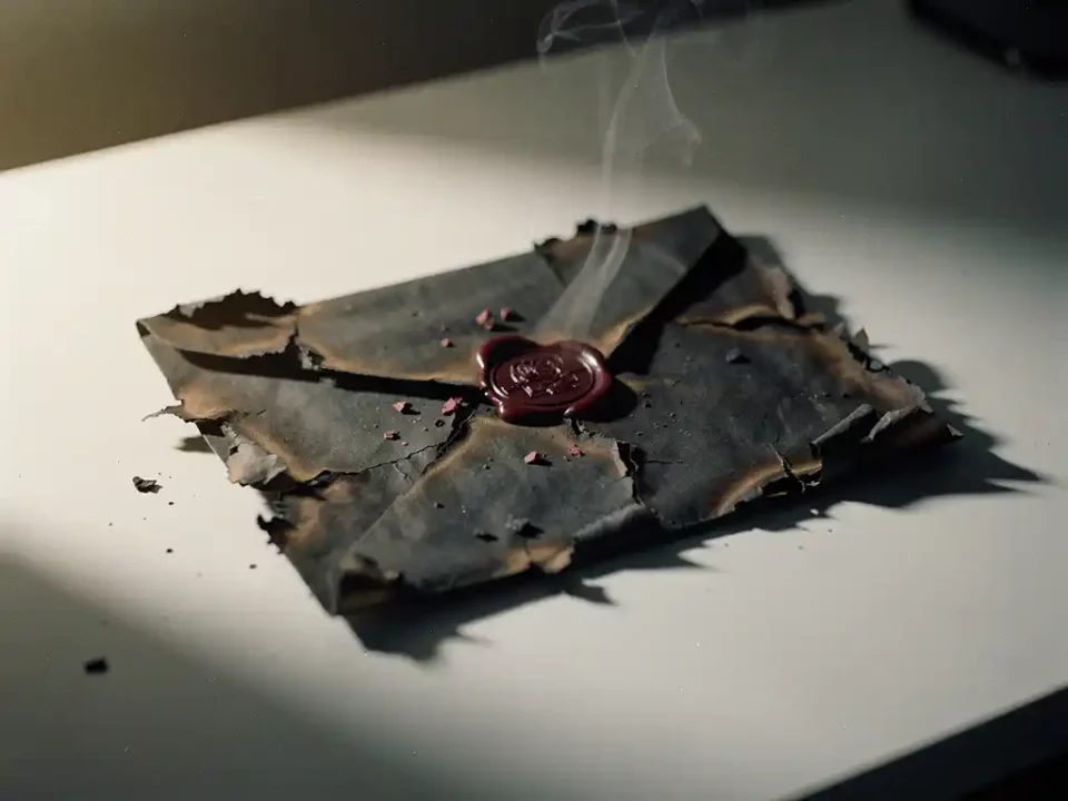 Scorched envelope with charred edges and cracked crimson wax seal on a white desk, smoke wisps rising, shallow depth of field.