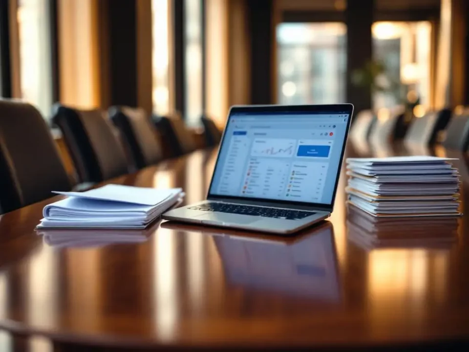 Laptop displaying email dashboard on mahogany conference table with business documents for startup, medium, and large companies