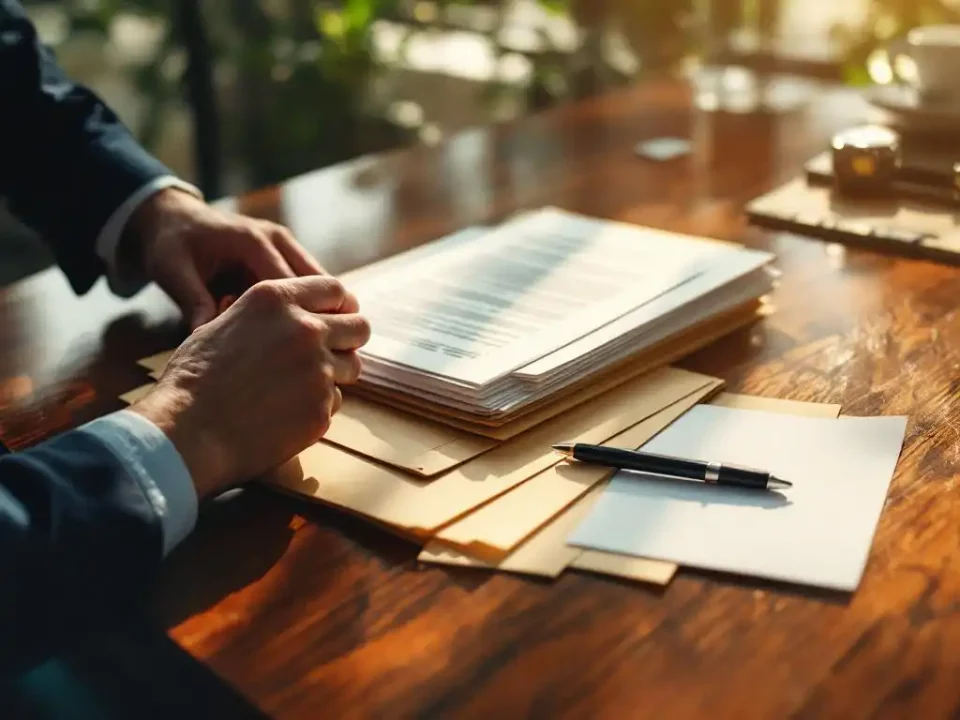 Professional hands organizing business documents and contracts on mahogany desk with pen in sunlit office workspace.