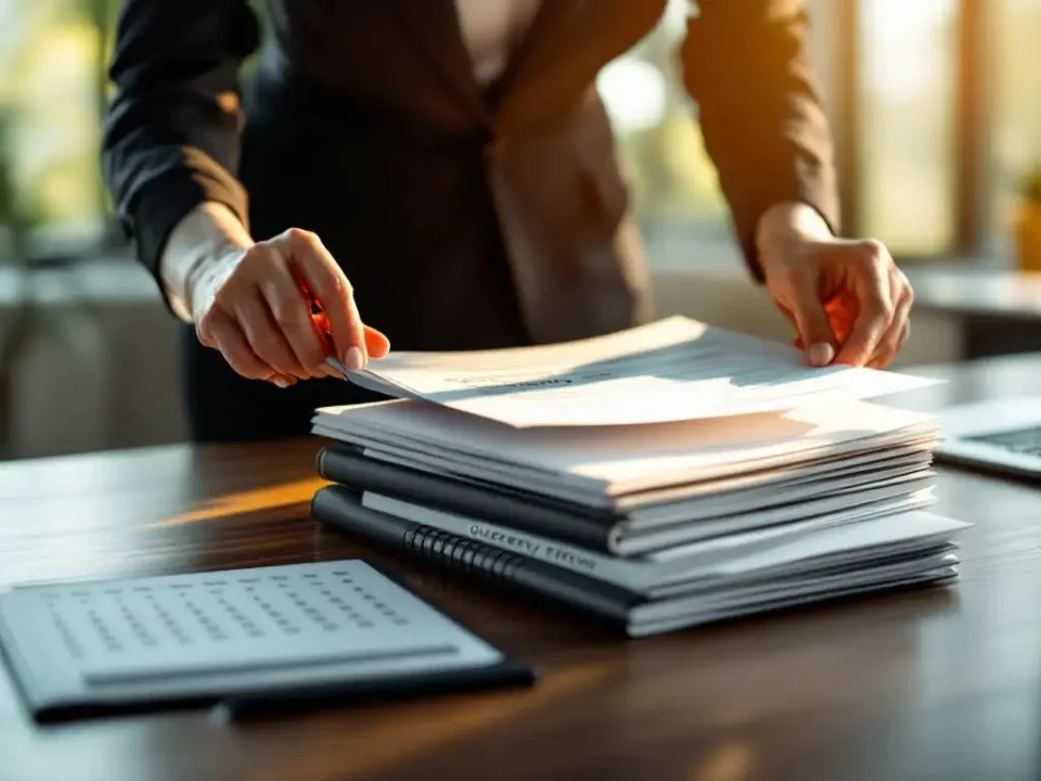 Businesswoman's hands placing strategy document on quarterly review folders beside open calendar on modern office desk
