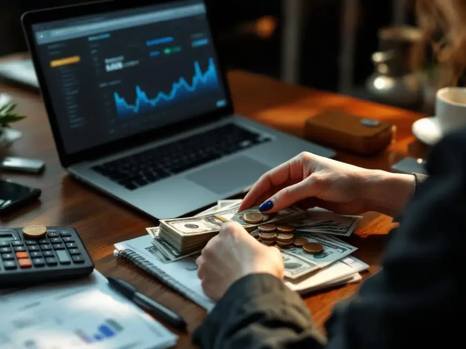 Businesswoman's hands arranging dollar bills and coins on desk while reviewing email analytics on laptop computer