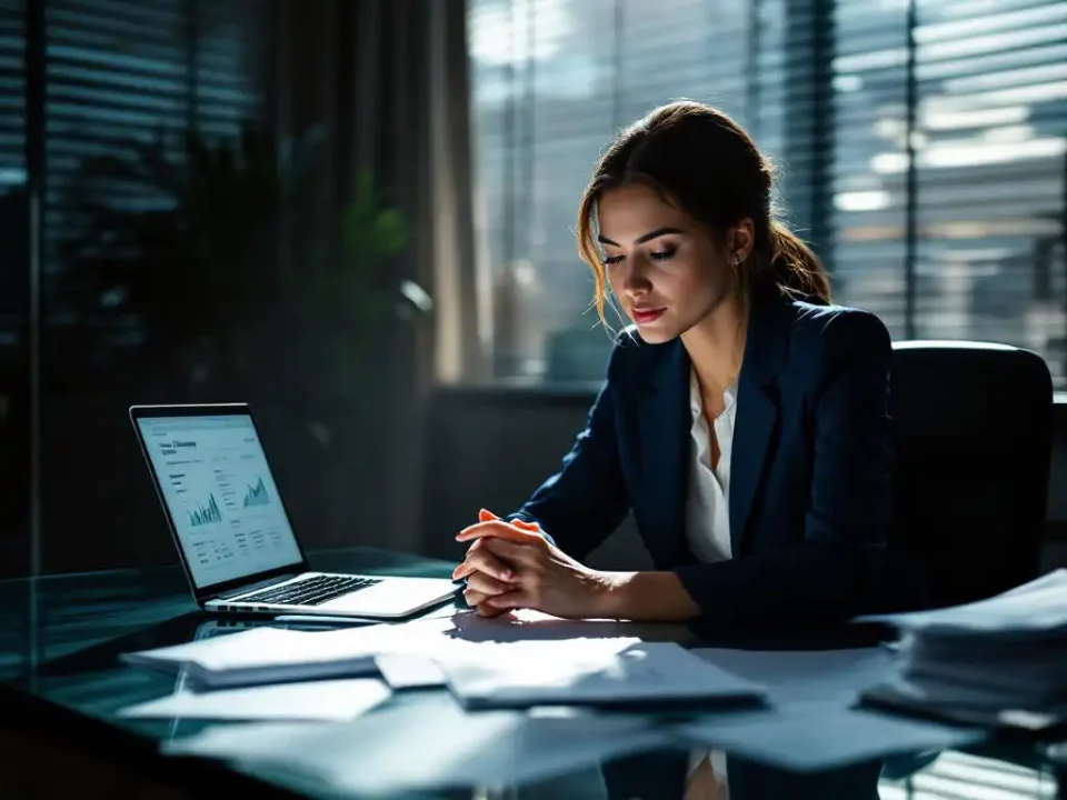 Professional businesswoman in navy suit reviewing crisis management documents at glass desk with laptop displaying analytics