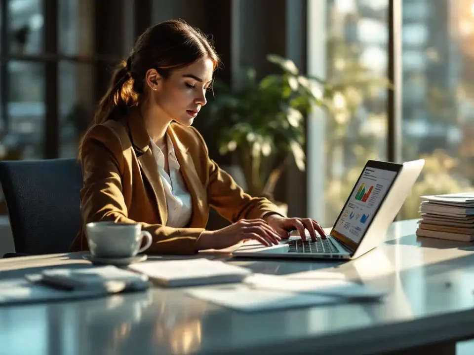 Professional businesswoman reviewing email marketing analytics on laptop at modern office desk with organized invoices nearby.