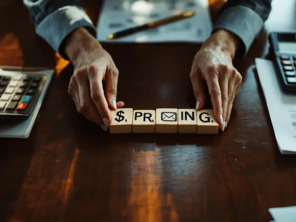 Businesswoman arranging wooden blocks with dollar signs and email icons on conference table with calculator and documents