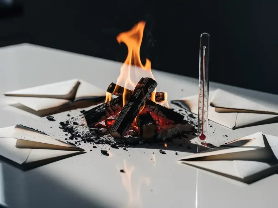 Campfire burning intensely on a white desk surrounded by scattered envelopes and a high-temperature thermometer, dramatic amber and charcoal tones.
