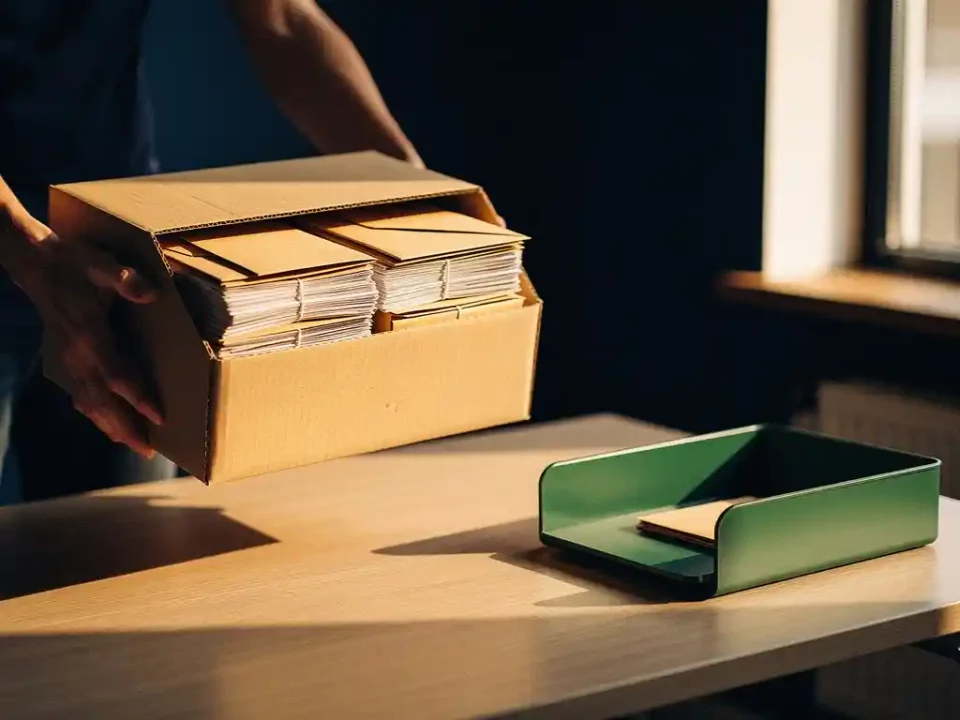 Sealed cardboard box filled with bundled envelopes being lifted onto a modern desk beside a green inbox tray.