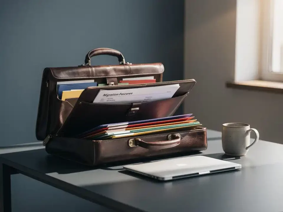 Open leather briefcase on a modern desk with organized migration documents, folders, laptop, and coffee mug in a consultant's workspace.