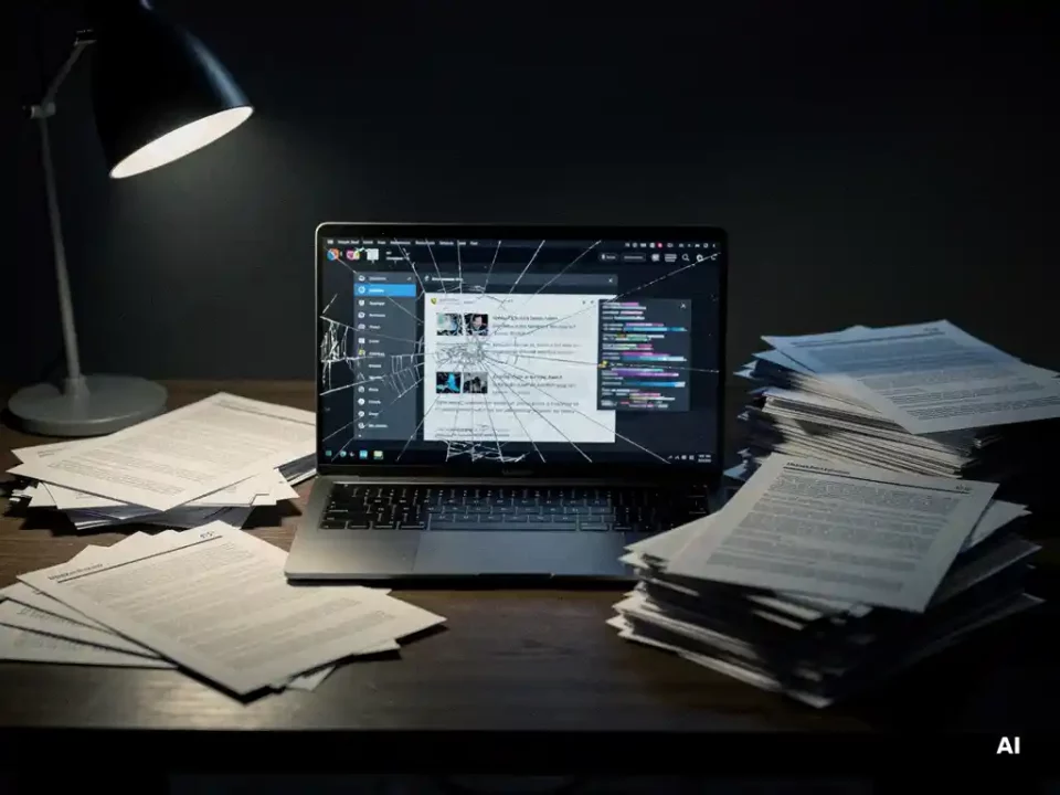 Cracked laptop screen showing a frozen email inbox surrounded by scattered unread printed emails on a dim office desk.
