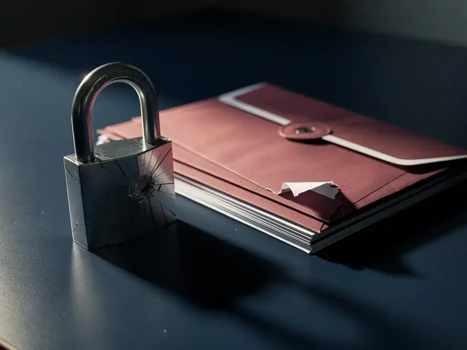 Cracked padlock on a dark desk beside sealed envelopes, one tampered open, symbolizing a data security breach.