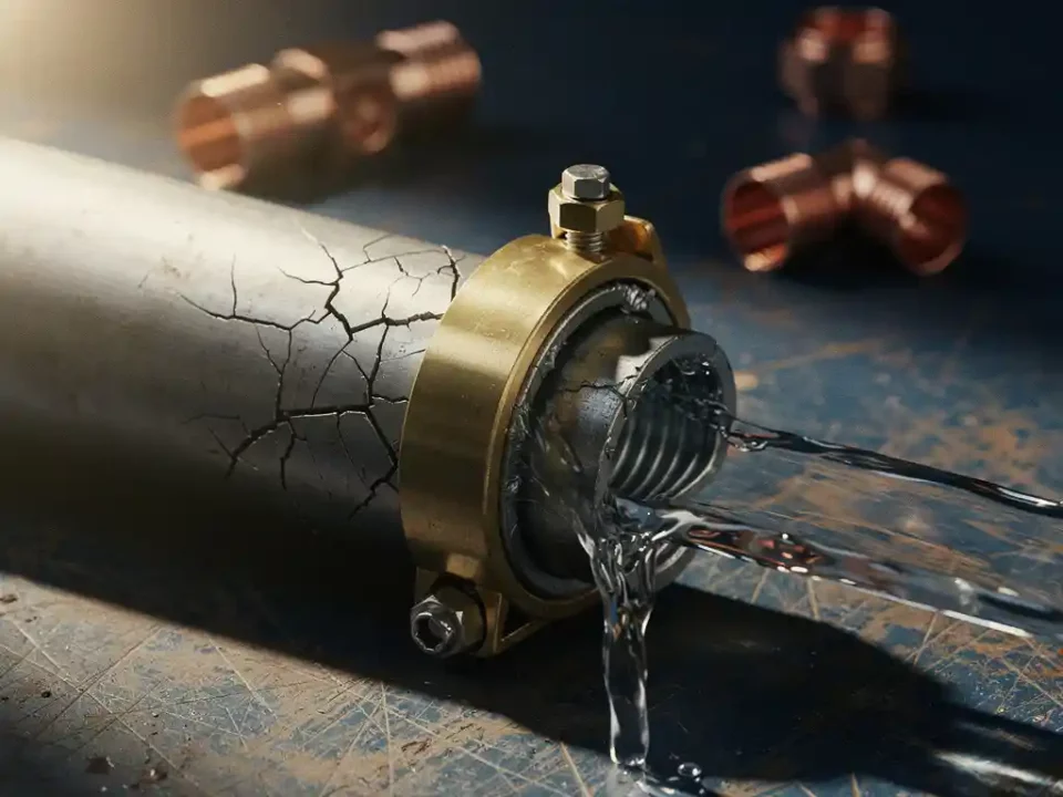 Brass clamp sealing a cracked metal pipe fitting with water flowing through, copper fittings scattered on worn industrial workbench.
