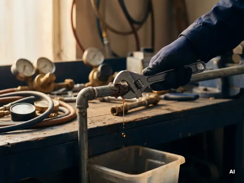 Cracked water pipe being repaired with a wrench, surrounded by pressure gauges on a weathered utility bench.