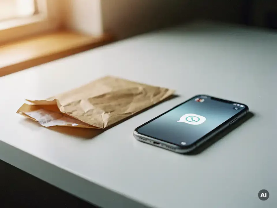 Crumpled paper envelope beside a smartphone showing a chat notification, contrasting old and new communication methods on a white desk.