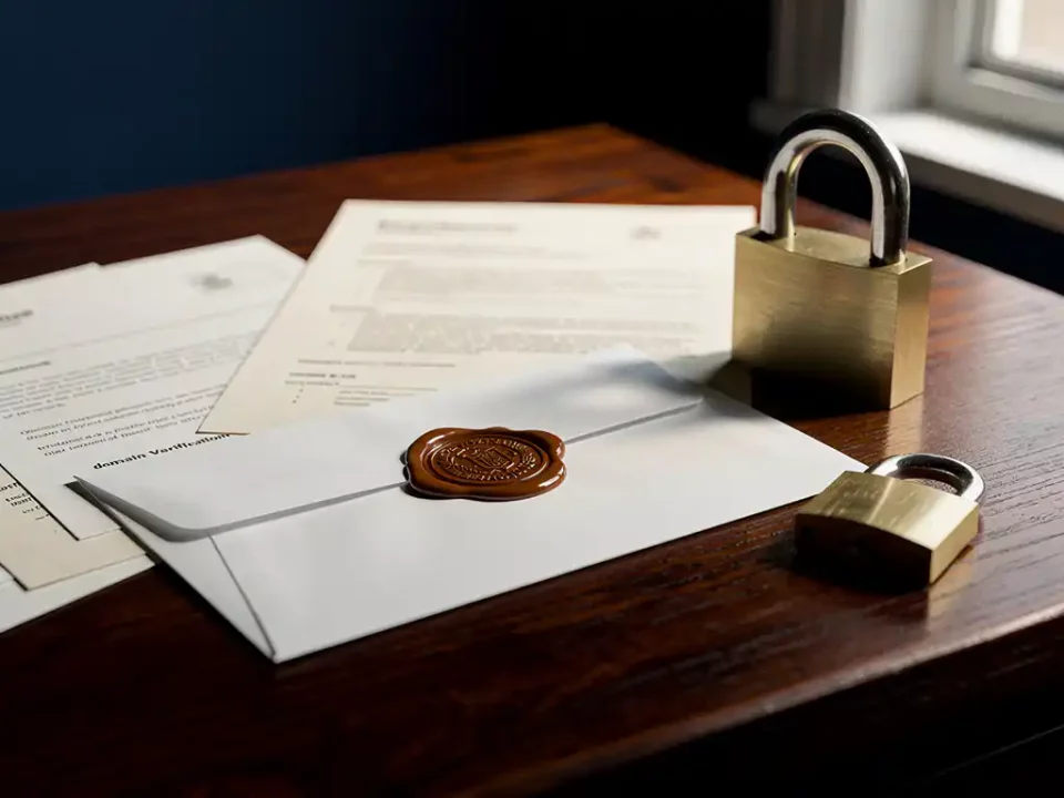 Wax seal pressed on white envelope beside a brass padlock and domain verification documents on a dark oak desk.