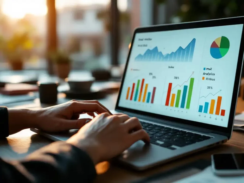 Businesswoman typing on laptop displaying email analytics charts and rising sales graphs on office desk