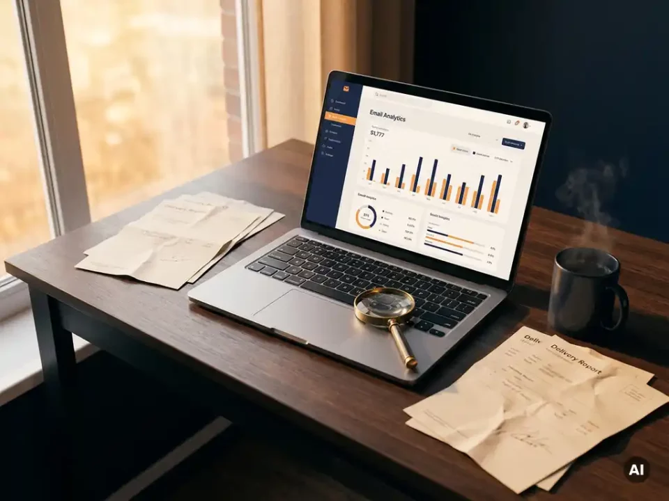 Magnifying glass on laptop keyboard beside email analytics dashboard, printed delivery reports, and steaming coffee mug in warm morning light.