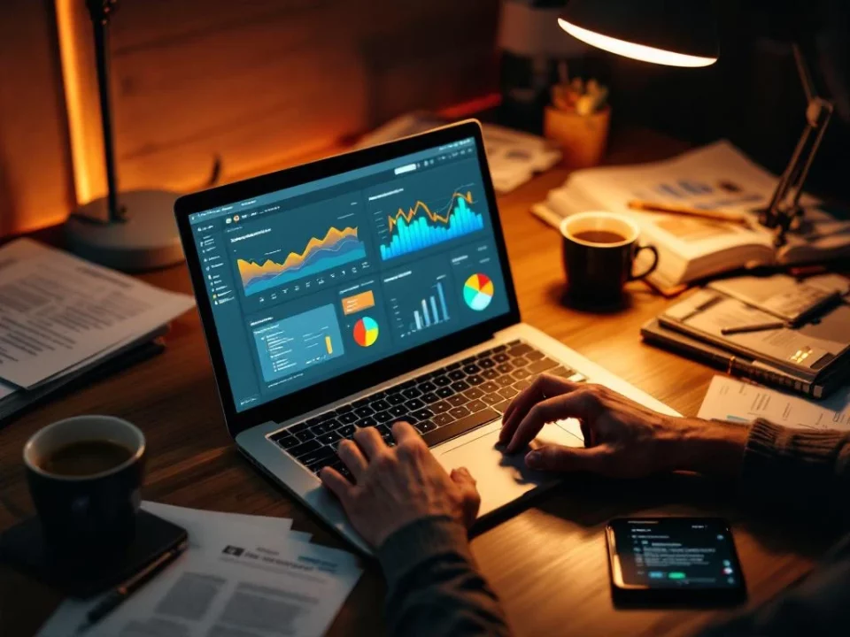Laptop displaying colorful email analytics dashboards on desk with technical documents, smartphone, and coffee cup nearby