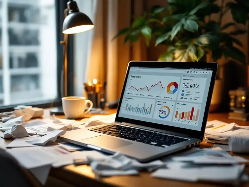 Laptop displaying email analytics dashboard on desk with crumpled papers, coffee mug, and declining metrics reports
