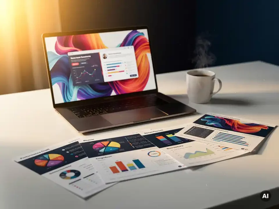 Laptop displaying colorful email analytics graphs on a white desk, with a steaming coffee mug and scattered performance reports in warm morning light.
