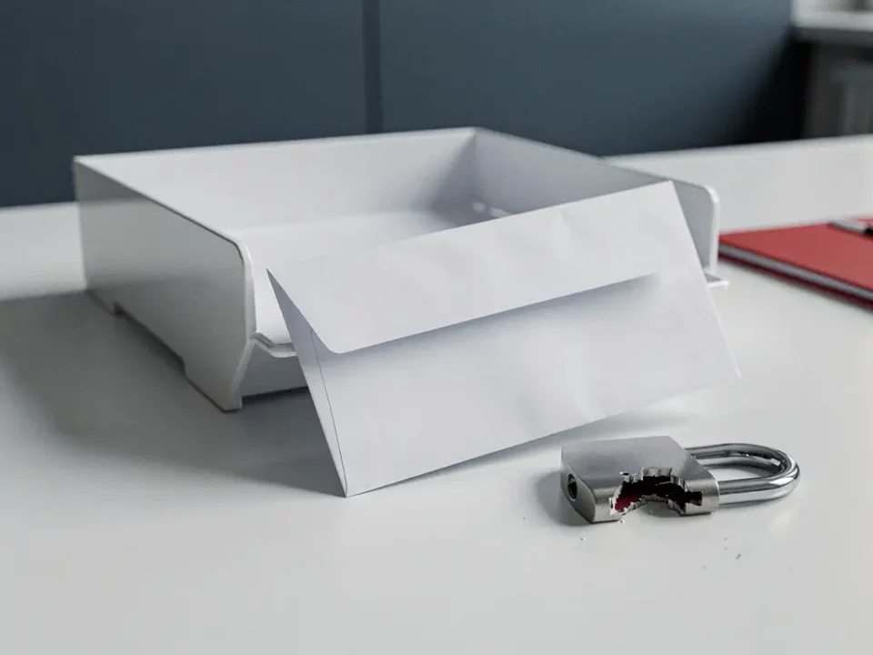 Sealed envelope deflected from inbox tray next to an open padlock with broken shackle, symbolizing email authentication failure.