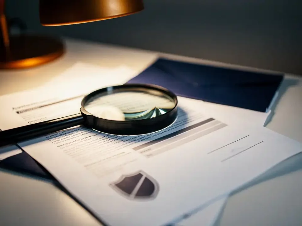 Magnifying glass over a printed email authentication report on a desk, with an envelope and domain shield visible beneath warm amber lamplight.