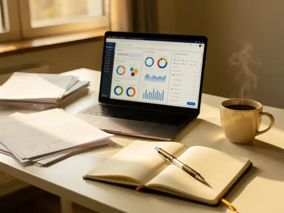 Laptop showing email campaign dashboard on a white desk with paper drafts, notebook, and steaming coffee in warm afternoon light.