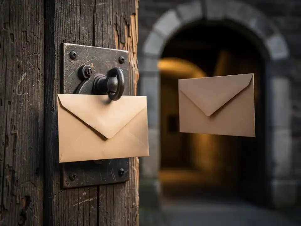 Sealed envelope blocked by an iron deadbolt on a weathered wooden door, while an identical envelope passes freely through an open archway beside it.
