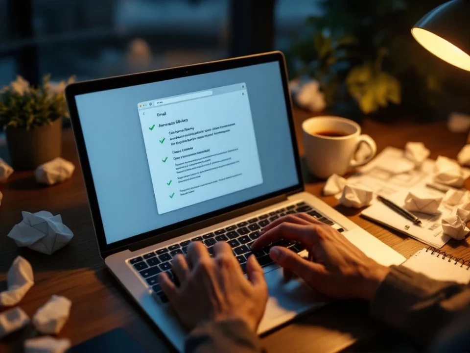 Professional consultant typing on laptop showing email interface with green delivery checkmarks, crumpled spam papers nearby.