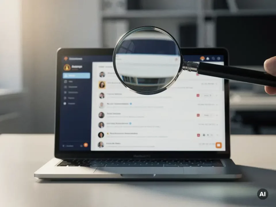 Magnifying glass over a laptop displaying a flagged email inbox, symbolizing phishing detection in a professional office setting.