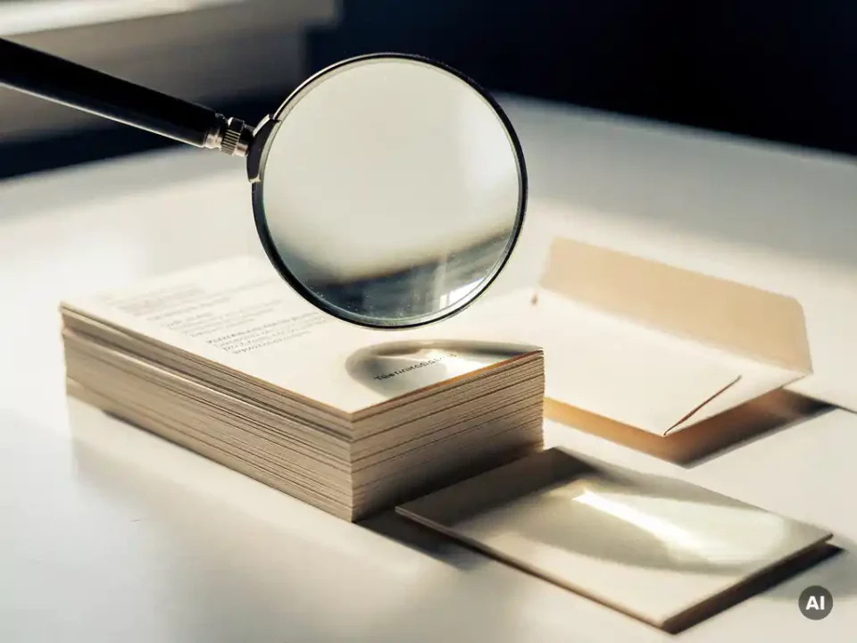 Magnifying glass examining a stack of printed email addresses on a white desk beside sealed and open envelopes in navy and ivory tones.