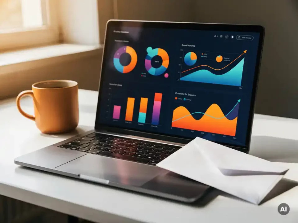 Laptop showing colorful analytics dashboard beside a folded envelope and ceramic coffee mug on a white desk in warm natural light.